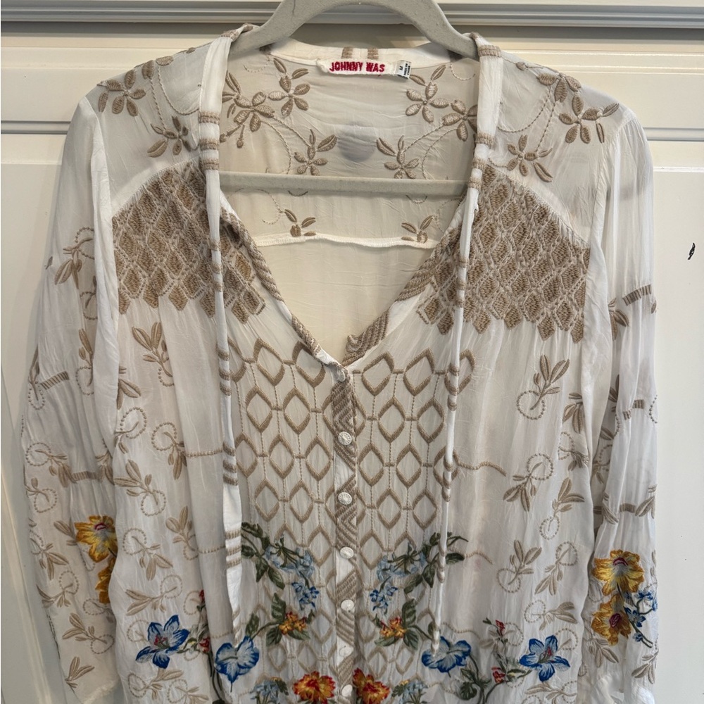 Johnny Was Multicolor Embroidered Sheer Blouse